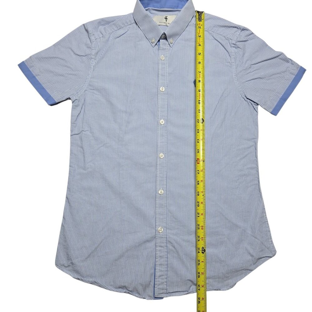 Father Sons Shirt Mens Small Blue White Striped Short Sleeve Button Up Logo - Picture 4 of 12